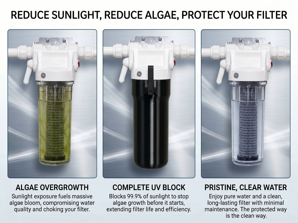 GE GXWH20T sunlight protection graphic showing exposed protected and clean filter stages