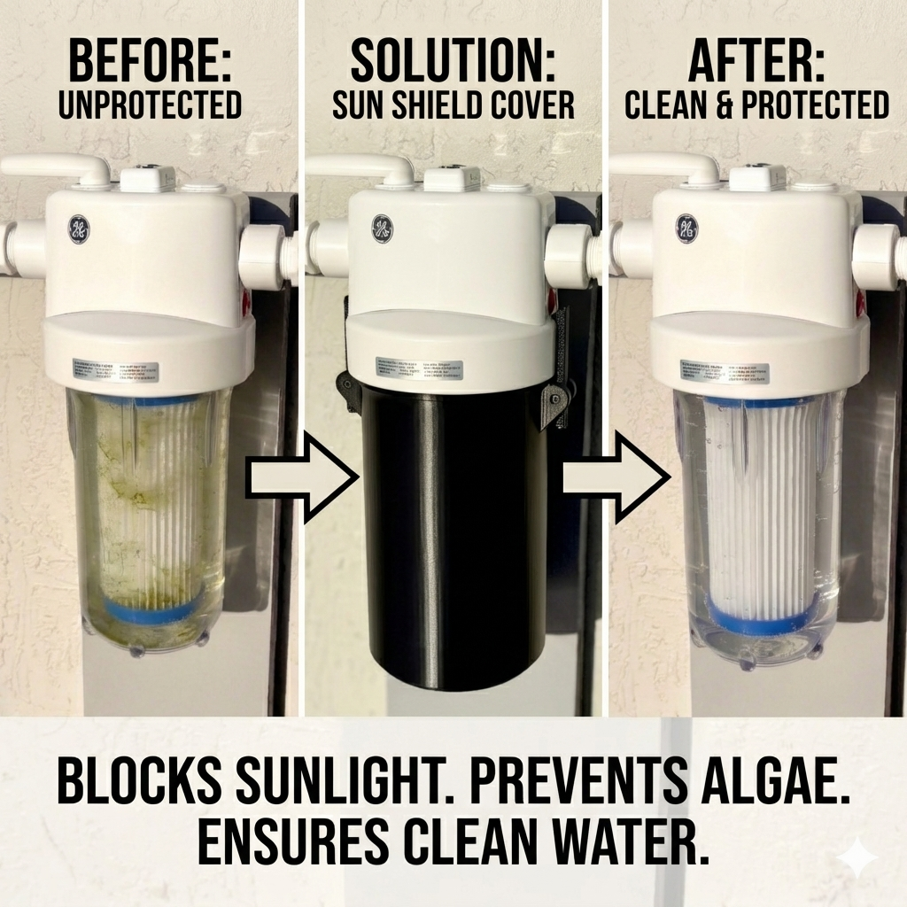 GE GXWH40L before and after graphic showing sunlight blocked to prevent algae