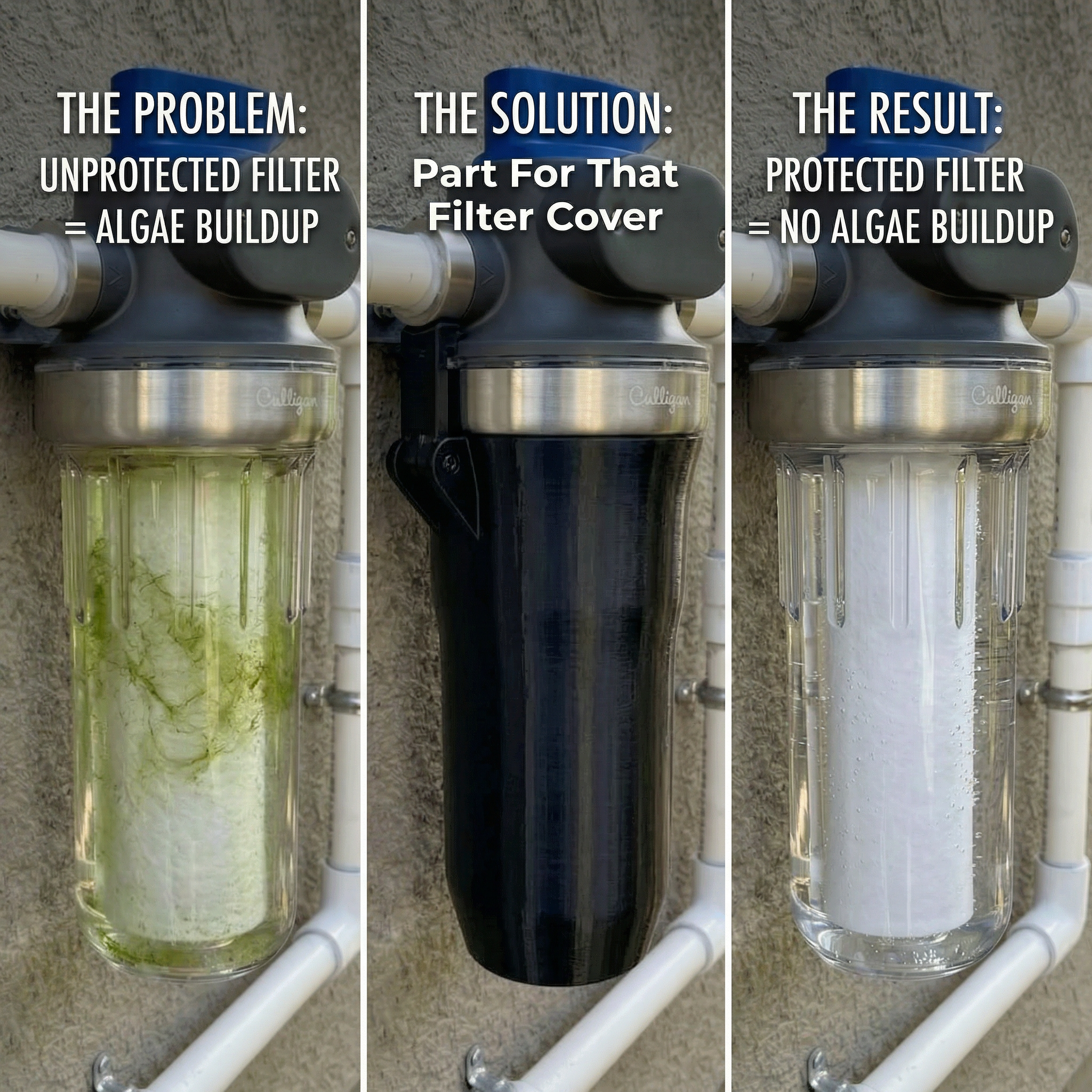 Culligan WH-S200-C before and after graphic showing algae prevention with filter cover